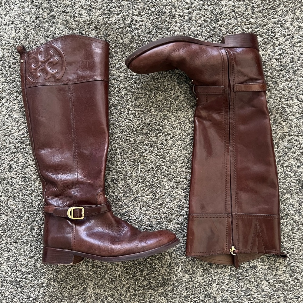 Tory Burch Logo Brown Leather Riding Boots SIZE 7.5M